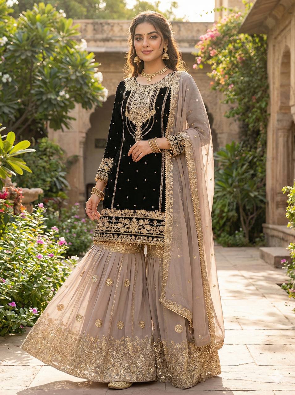 Black Georgette Embroidered Salwar Suit with Sequin & Moti Work