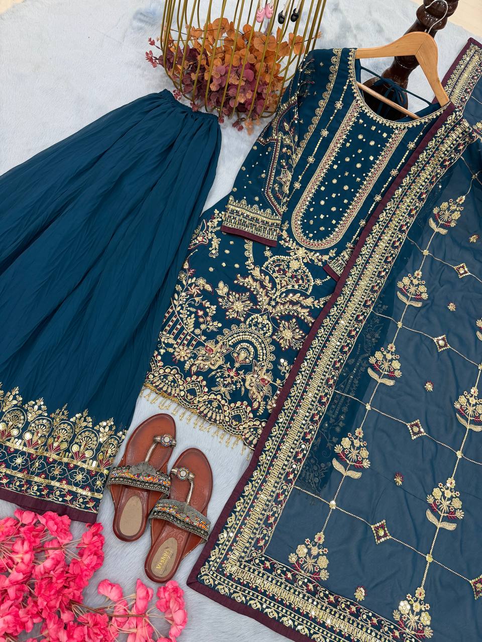 Georgette Sequin & Moti Embroidered Palazzo Suit — Multi Colour Festive Wear