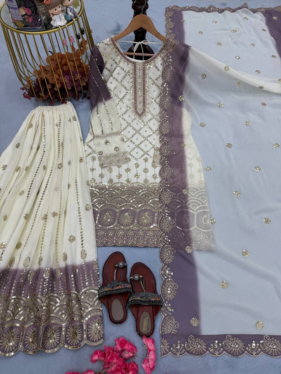 Dual Tone Star Georgette Sequin Embroidered Palazzo Suit — Festive Wear