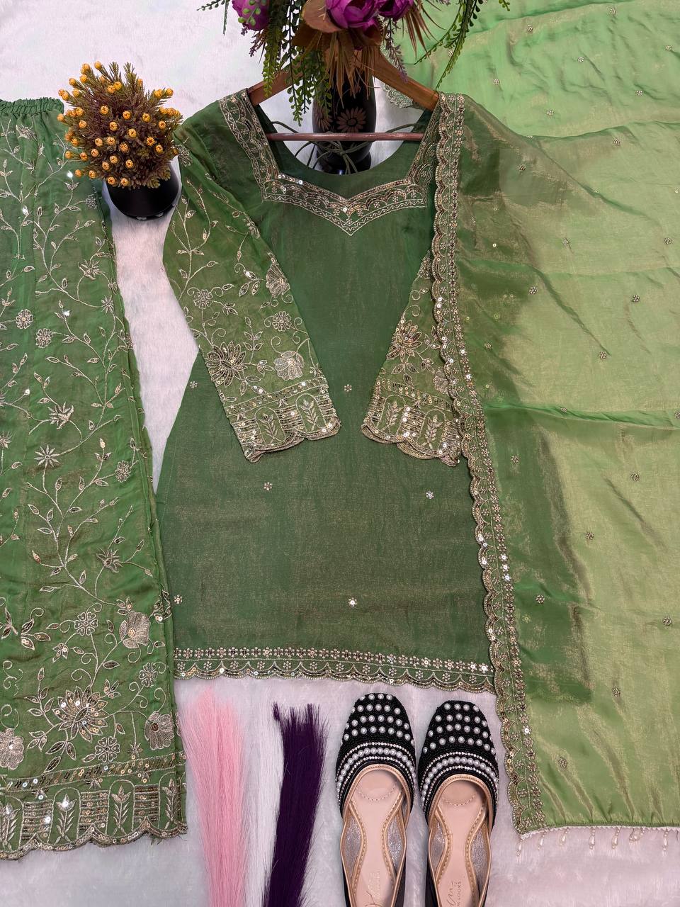 Designer Frendy Silk Sequin & Zari Embroidered Kali Cut Top Palazzo & Dupatta Set