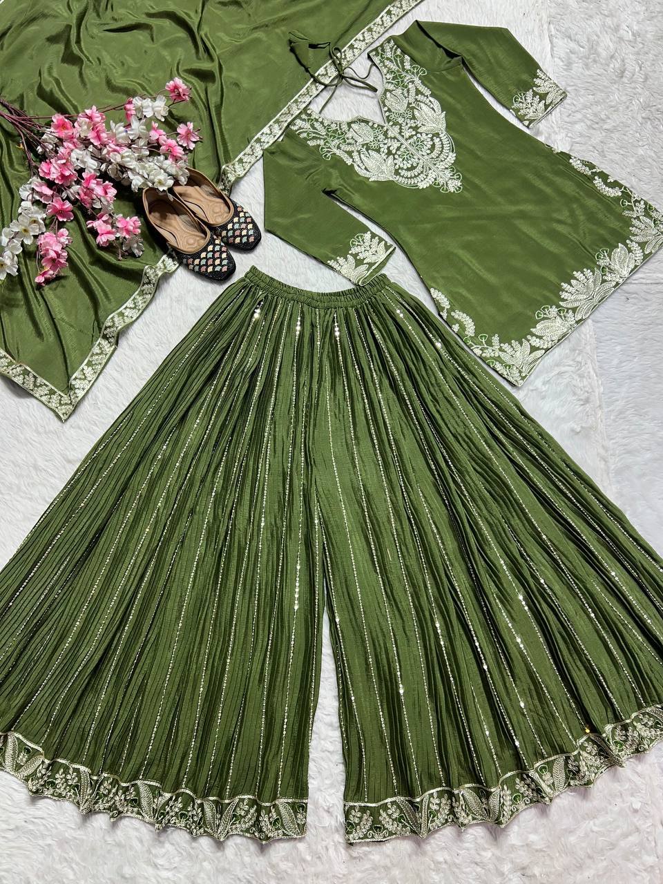 Designer Sharara Set in Pure Heavy Chinon Silk with Embroidery Coding Sequence & Full Embroidery Sleeve