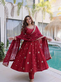 Designer Gown with Pant & Dupatta in Crunchy Silk with Embroidery Sequence Work & Full Flair | SRK-5351