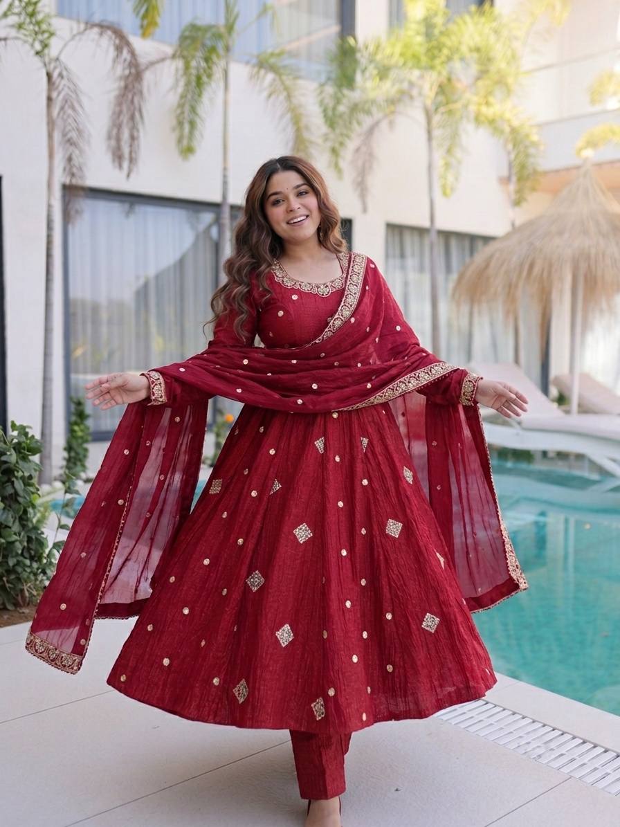 Designer Gown with Pant & Dupatta in Crunchy Silk with Embroidery Sequence Work & Full Flair | SRK-5351