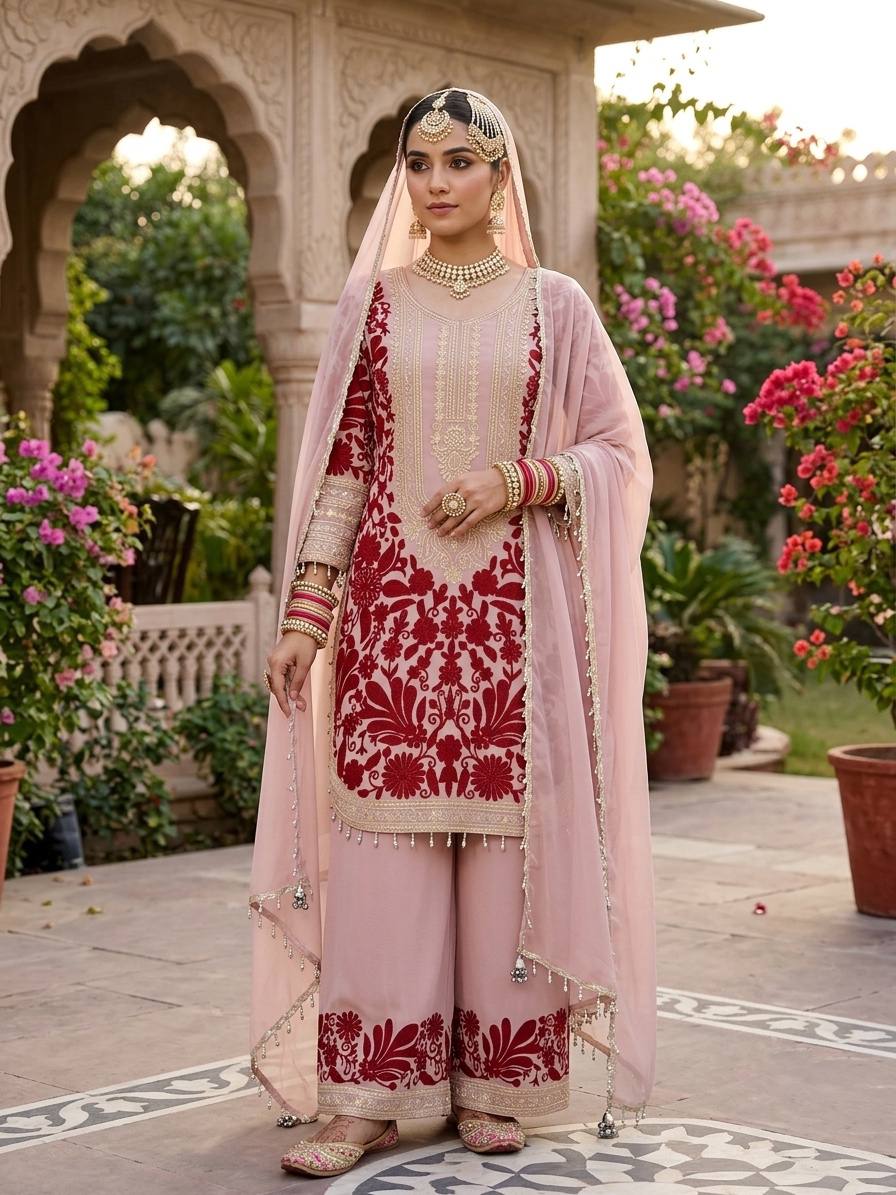 Designer Top, Pant & Dupatta in Heavy Faux Georgette with Chain Stitch Embroidery Sequence & Bead Work | SRK-5354