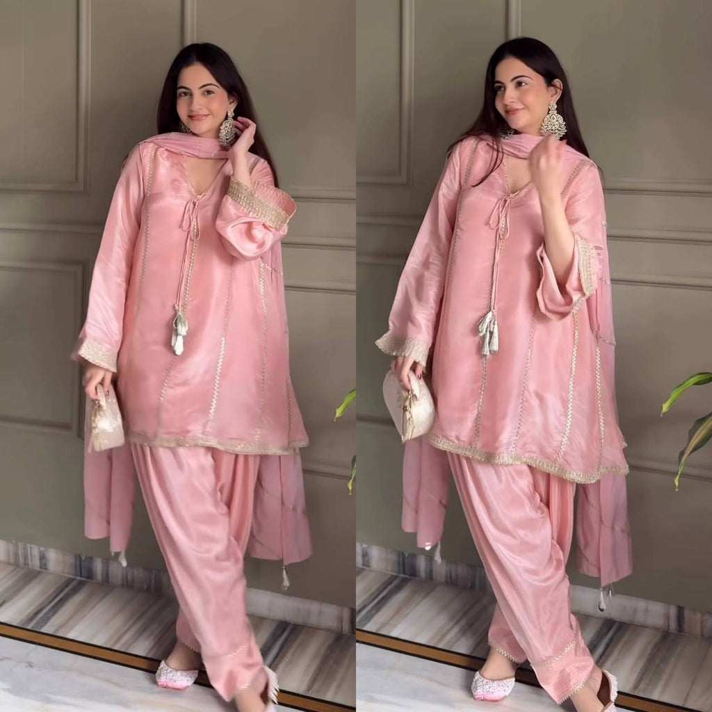 Designer Party Wear Gimmy Silk Top with Farshi Salwar and Dupatta | MC-2045
