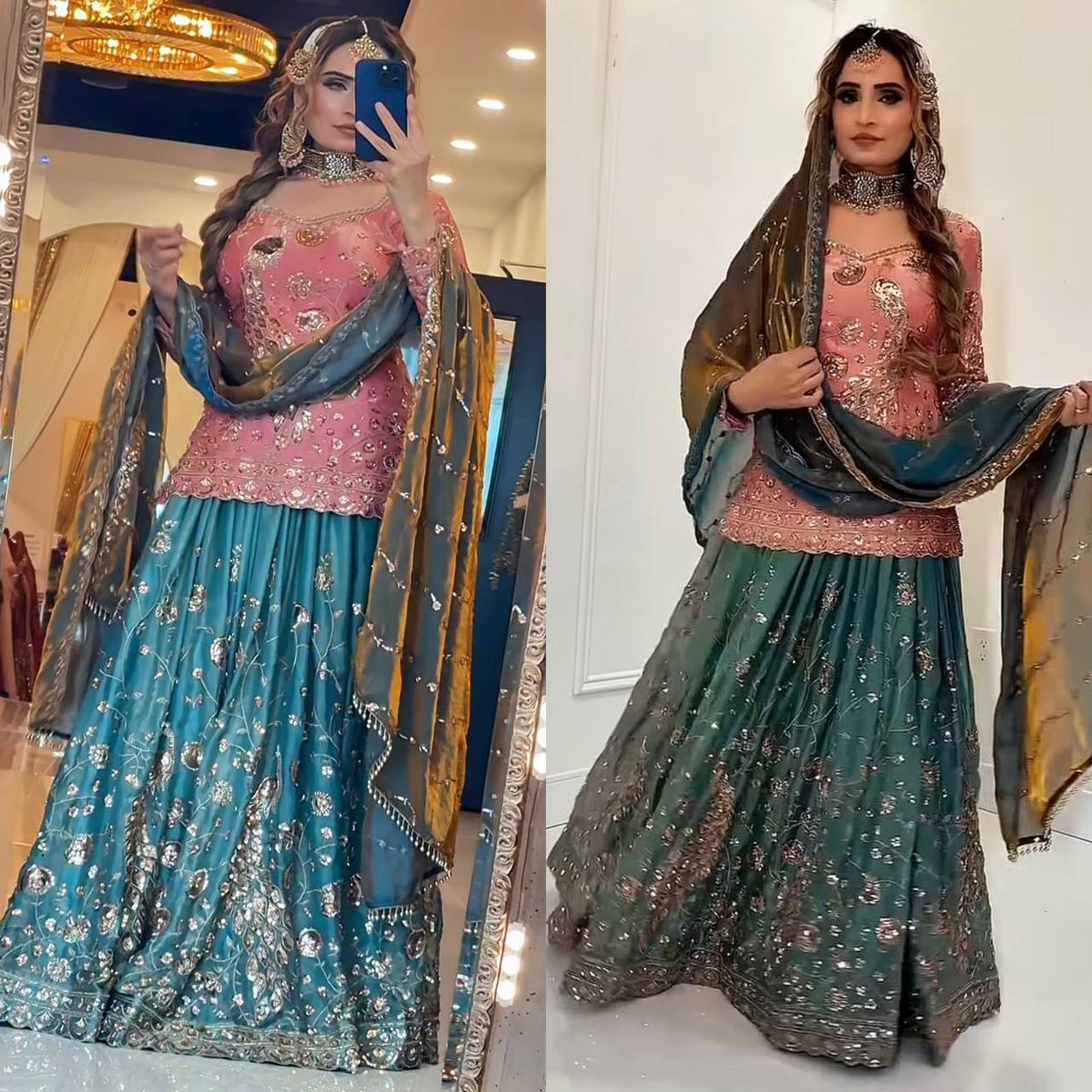 Designer Party Wear Fandy Crushi Silk Sequin Embroidered Top with Sharara Palazzo and Dupatta