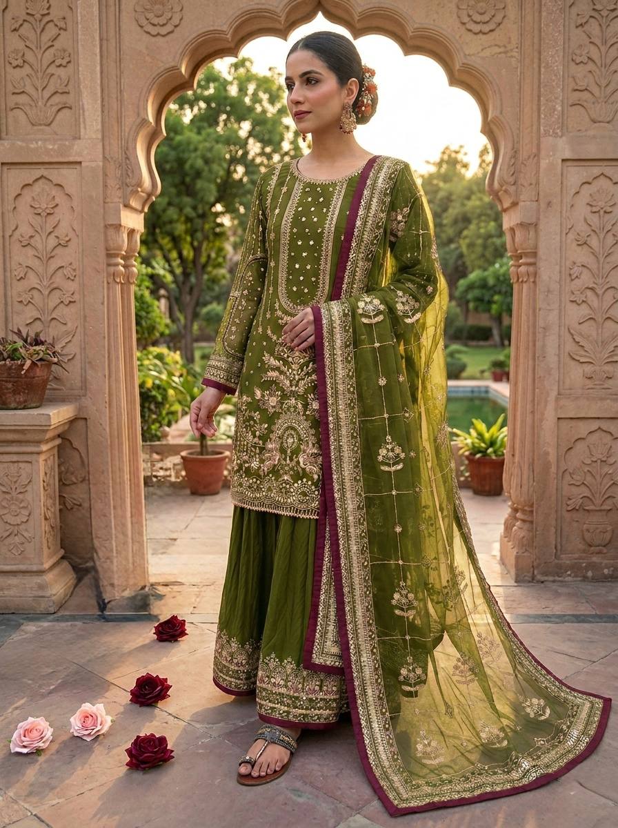 Mehendi Green Georgette Sequin & Moti Palazzo Suit — Festive Wear