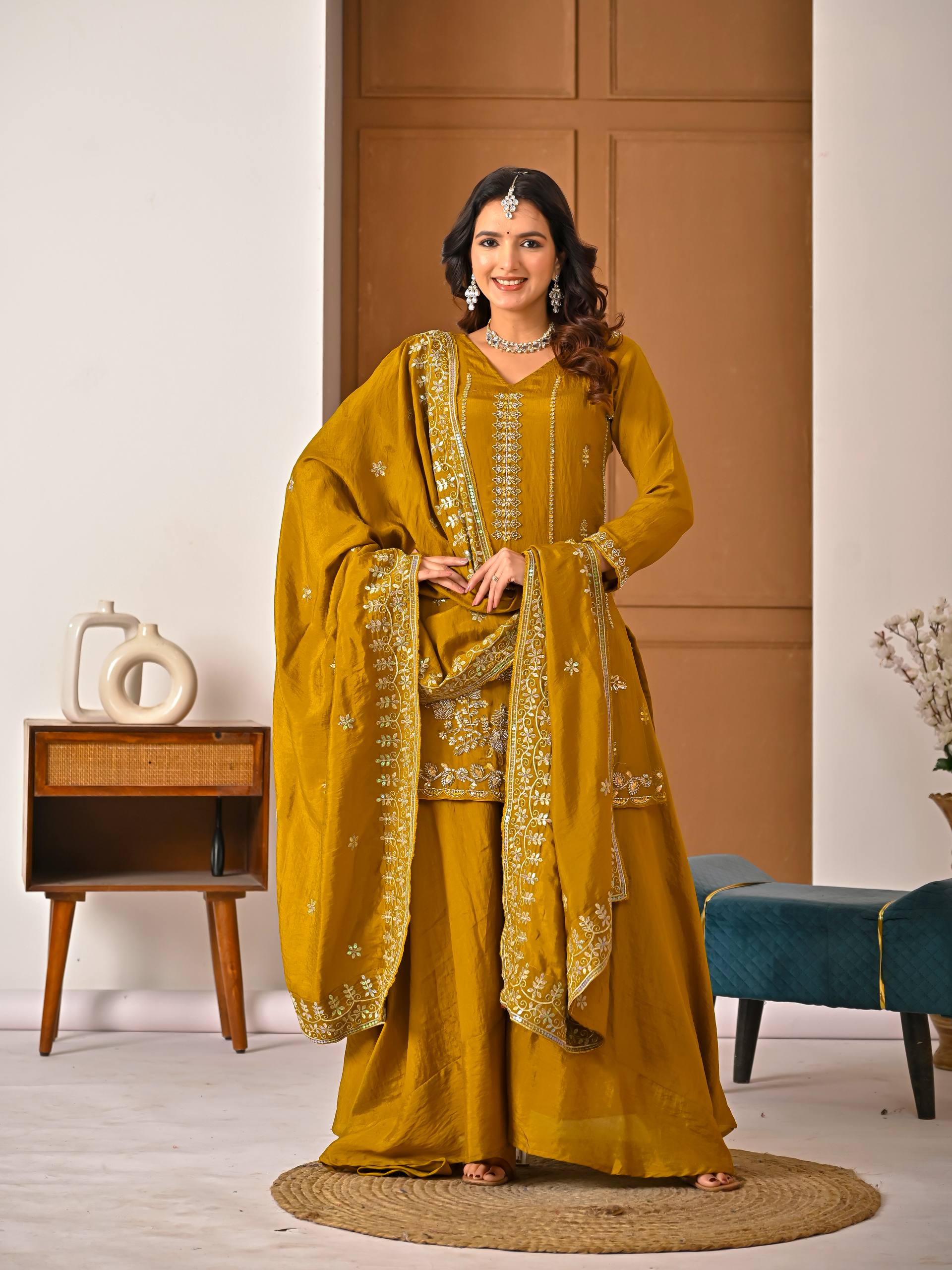 Designer Party Wear Top, Sharara Palazzo & Dupatta in NC Vichitra with Hand Work | ND-5064