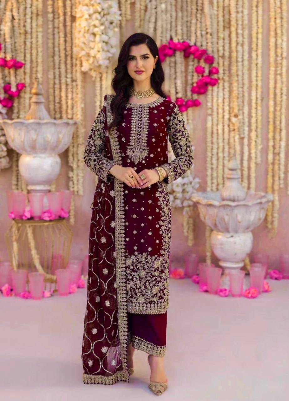 Maroon Faux Georgette Embroidery Salwar Suit