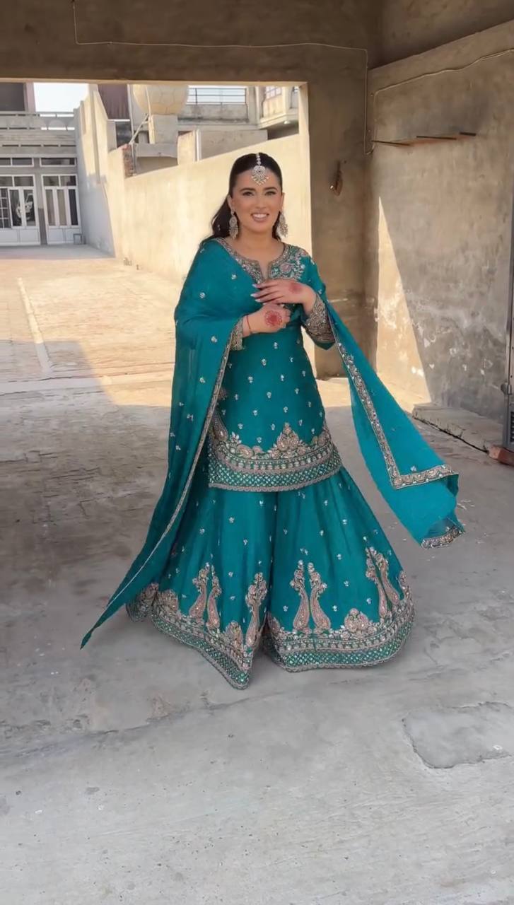 Chinon Silk Sequin Embroidered Sharara Suit with Dupatta