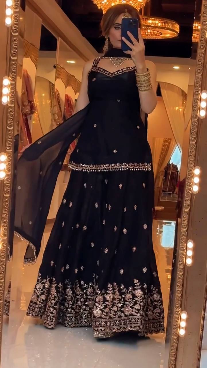 Designer Frendy Silk 5mm Sequin Multi Needle & Zari Embroidered Top Sharara & Dupatta Set