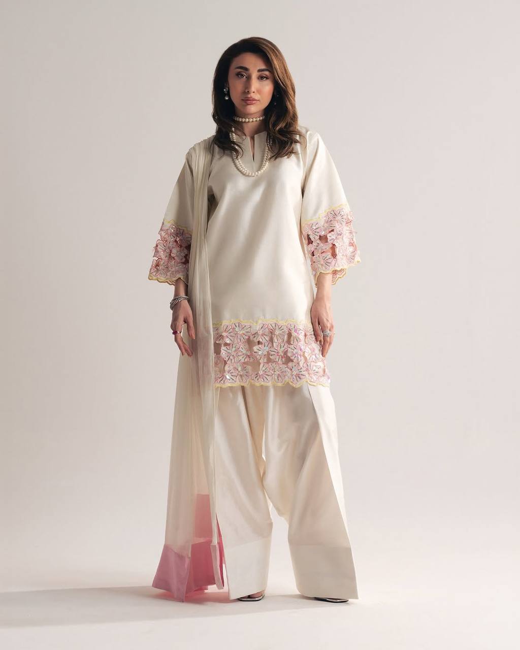 Designer Natural Crepe Silk Moti & Sequin Hand Work Top Farshi Salwar & Organza Dupatta Set
