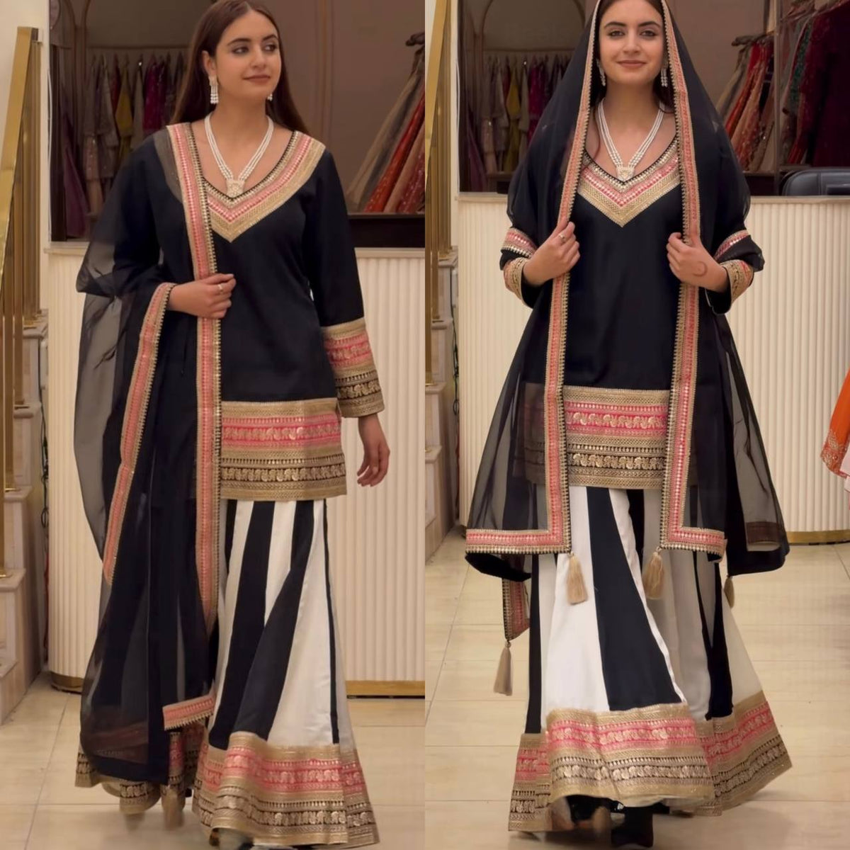 Designer Party Wear Natural Crep Silk Embroidered Top with Sharara Palazzo and Dupatta