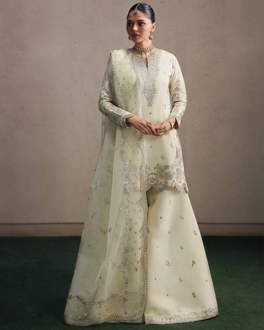 Designer Natural Crepe Silk Multi Needle Sequin Embroidered Top Sharara Palazzo & Organza Dupatta Set