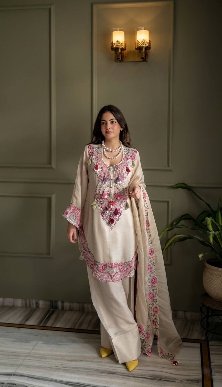 Designer Pure Heavy Georgette Embroidery Thread Work Top Farshi & Dupatta Set