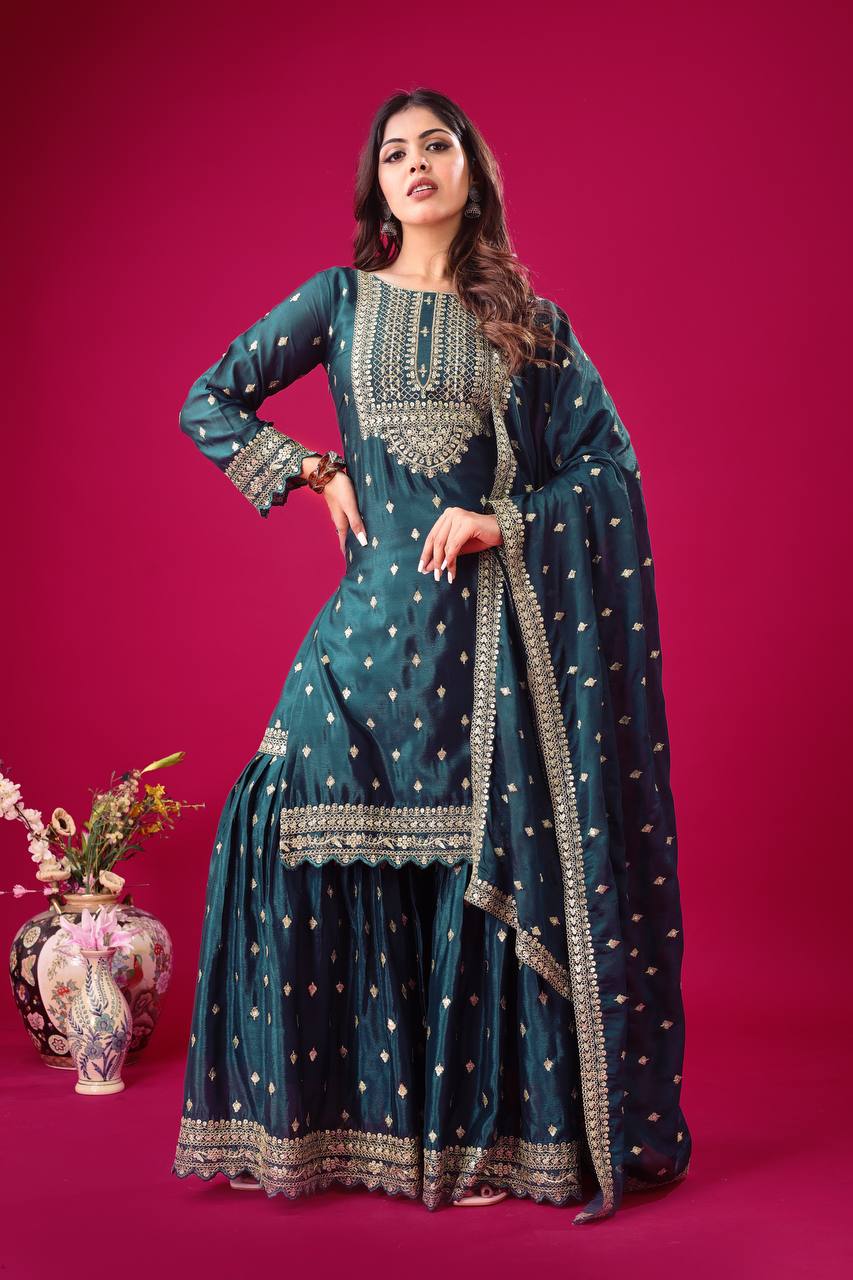 Peacock Blue Chinon Silk Gharara Suit with Zari & Sequin Work