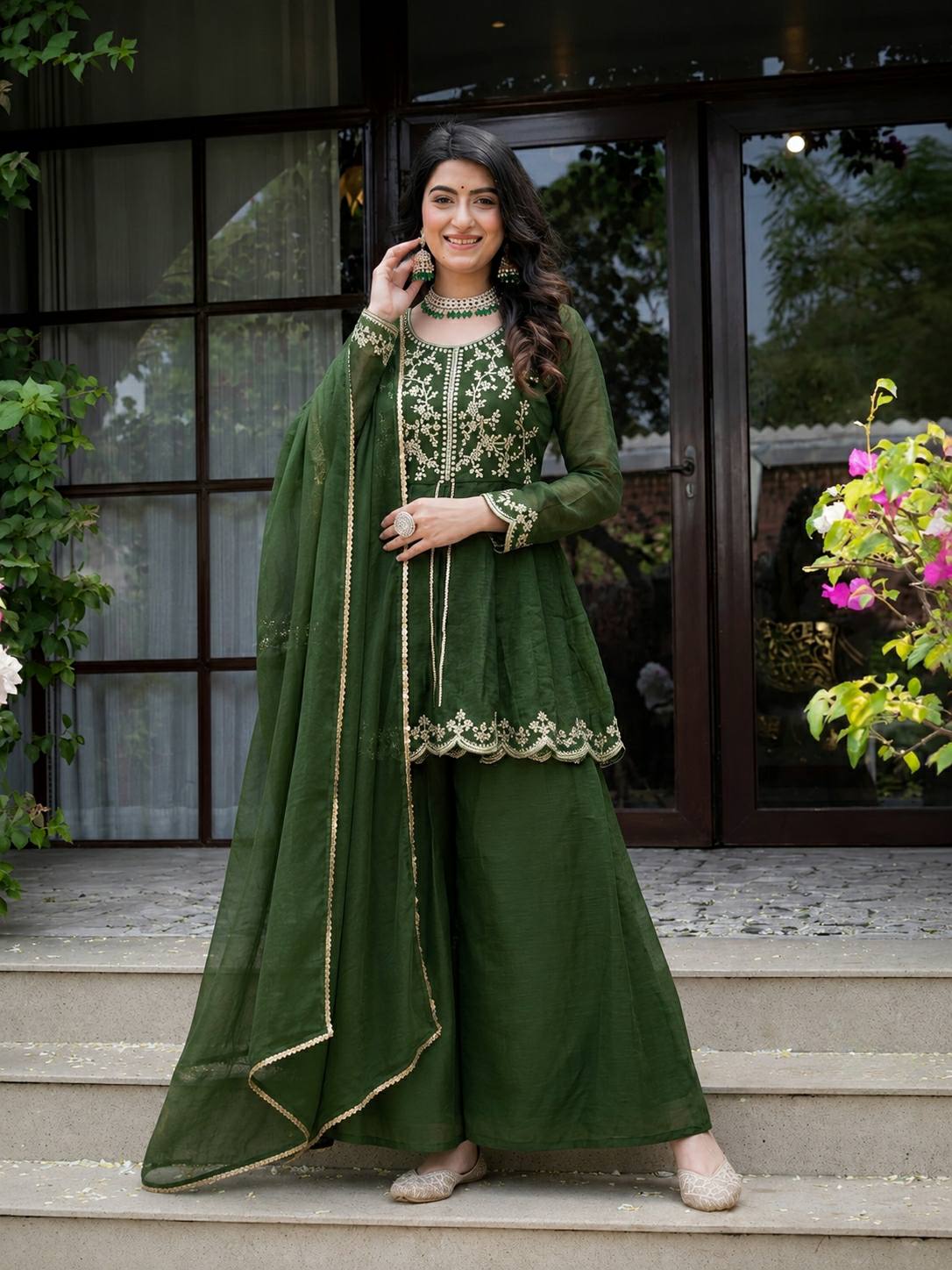 Designer Party Wear Top, Palazzo & Dupatta in Heavy Crunchy Silk with Sequence Embroidery