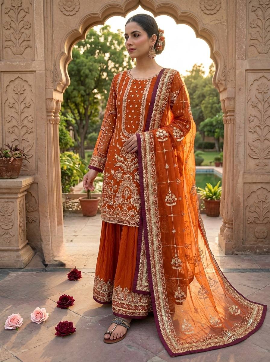 Orange Georgette Sequin & Moti Embroidered Palazzo Suit — Festive Wear