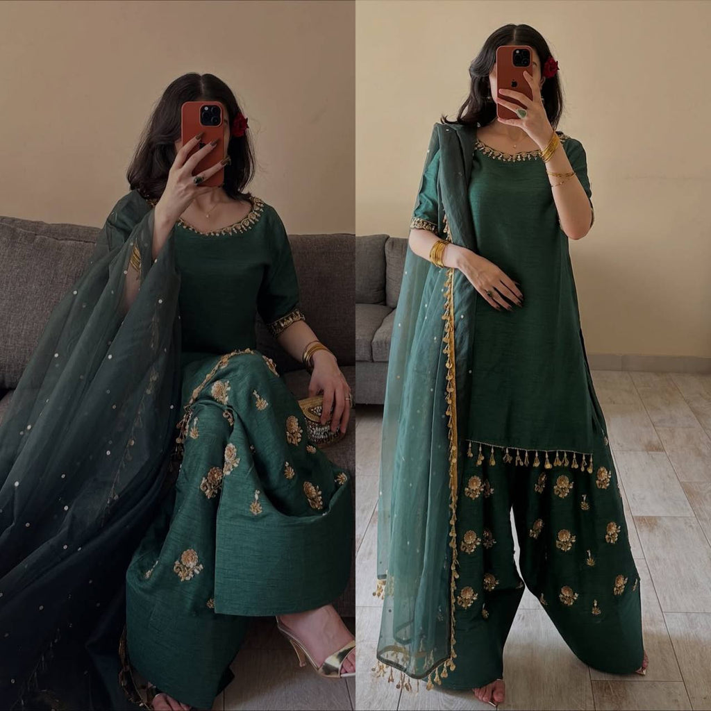 Designer Party Wear Aada Slab Silk Sequin Top with Farshi Salwar and Dupatta