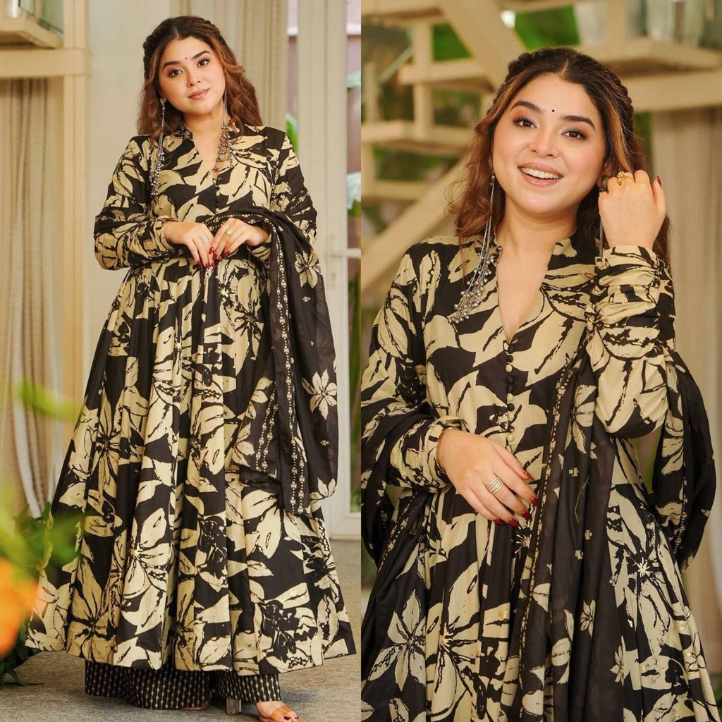 Designer Maslin Cotton Digital Print Anarkali Suit with Pant & Chiffon Dupatta