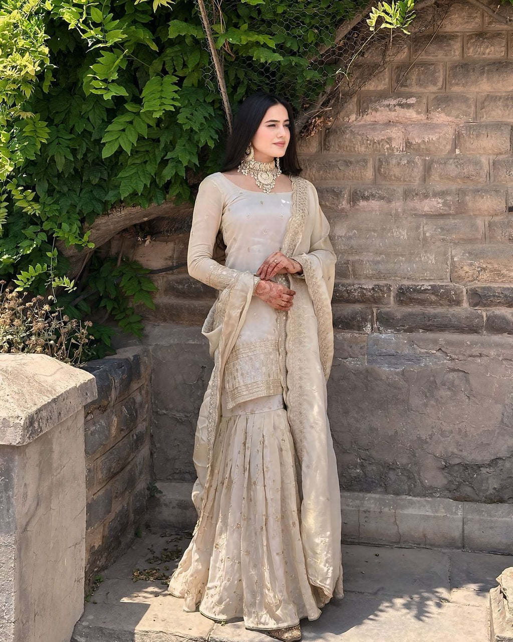 Beige Chinon Silk Embroidered Sharara Set - Designer Evening Party Wear - front view | Zahra London