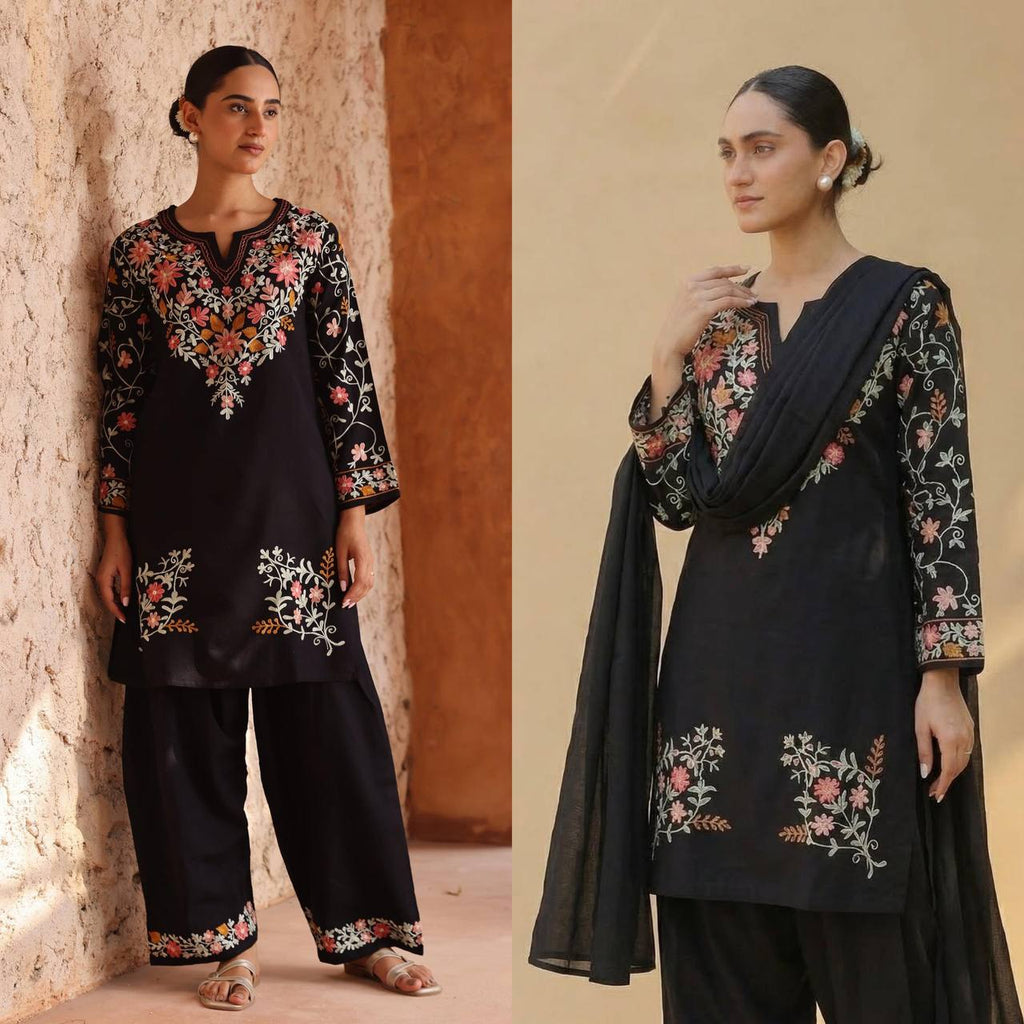 Designer Party Wear Top with Farshi Salwar & Dupatta in Heavy Roman Silk with Embroidery | ND-5058