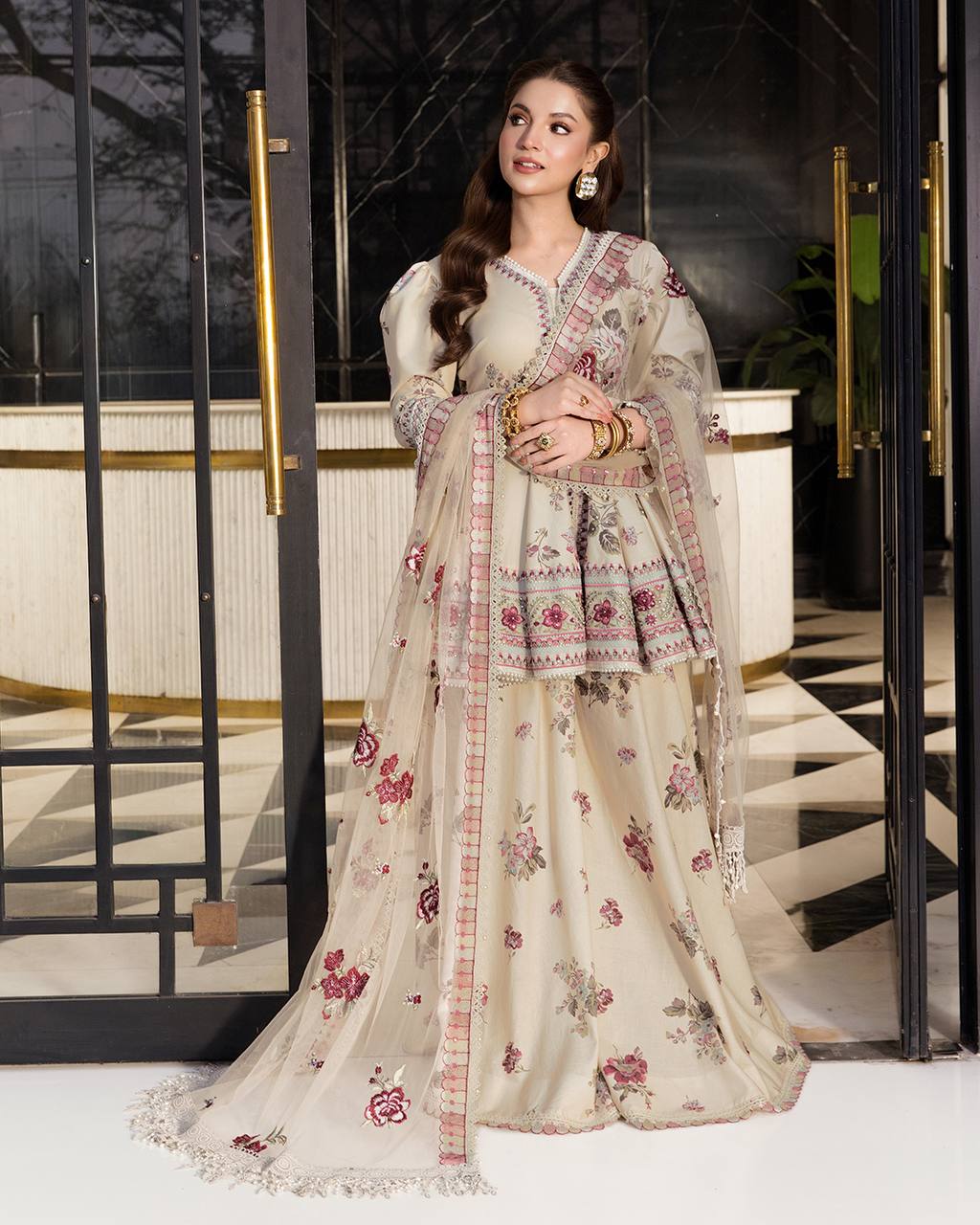 Designer Crepe Silk Peplum Top Sharara Palazzo & Embroidered Net Dupatta Set