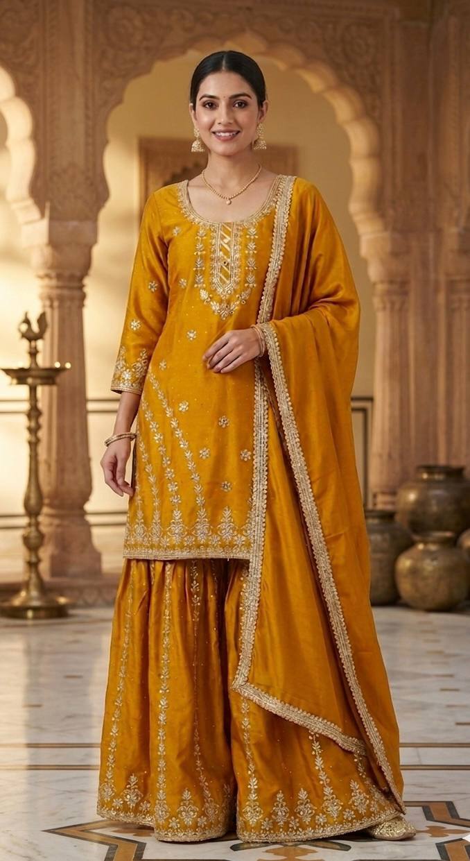 Designer Sharara Palazzo Set in Pure Heavy Chinnon Silk with Heavy Embroidery & Fancy Borders | ND-5063