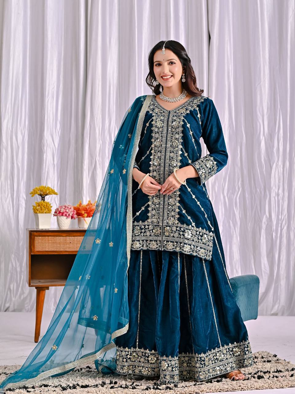 Designer Party Wear Top, Sharara Palazzo & Dupatta in Pure Heavy Viscous Velvet with Multi Needle Sequence