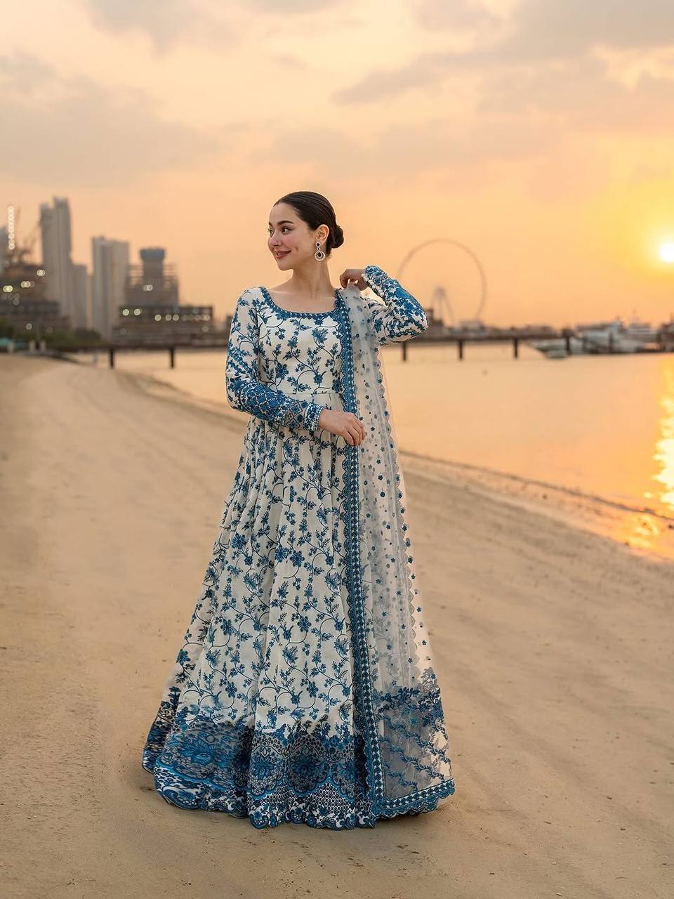 Blue & White Georgette Organza Embroidered Gown with Dupatta