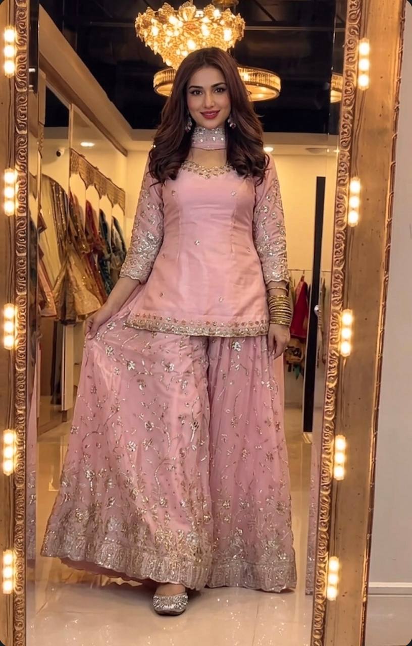 Designer Frendy Silk Sequin & Zari Embroidered Kali Cut Top Palazzo & Dupatta Set