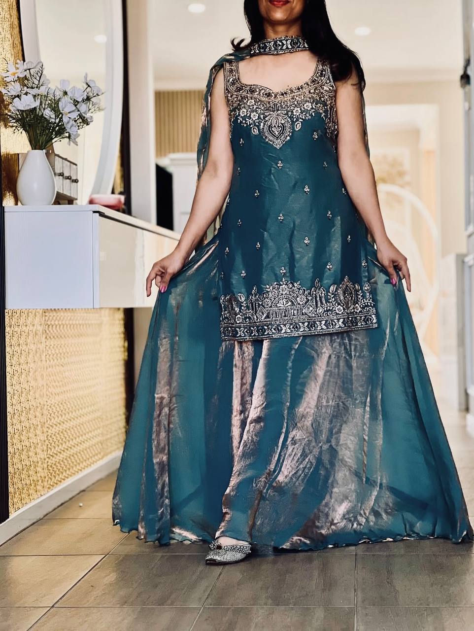 Designer Frendy Silk Bead & Sequin Embroidered Top Palazzo & Dupatta Set
