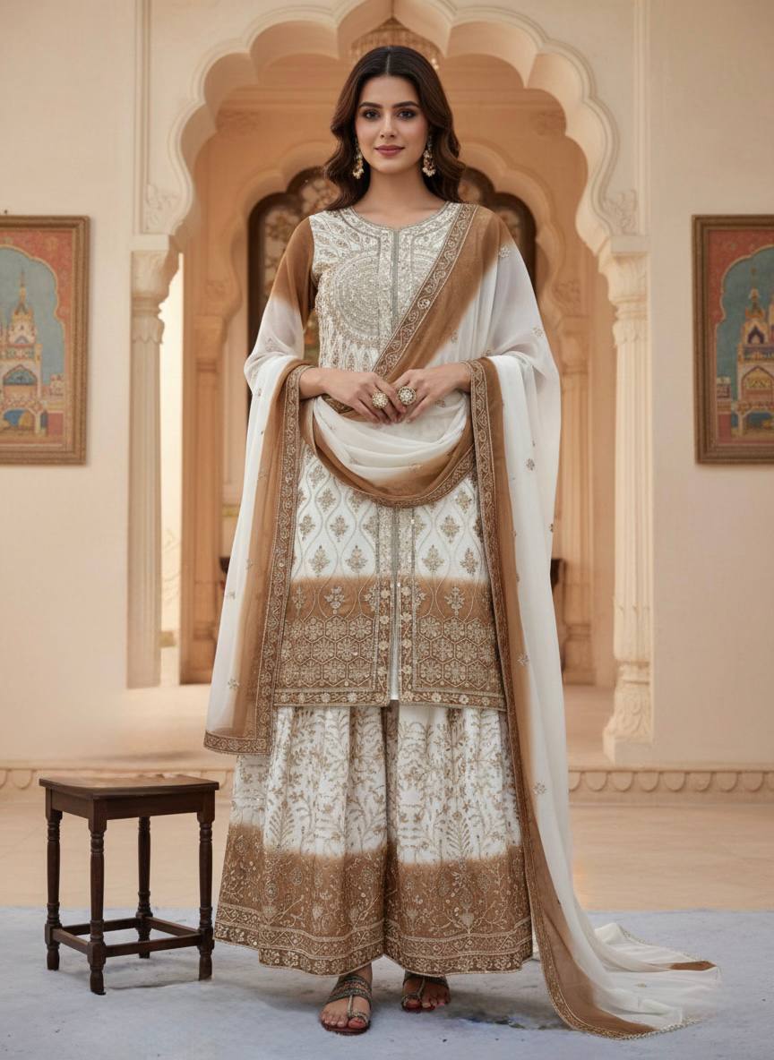 White and Brown Faux Georgette Embroidered Sequins Palazzo Suit Festive Wear