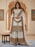 White and Brown Faux Georgette Embroidered Sequins Palazzo Suit Festive Wear