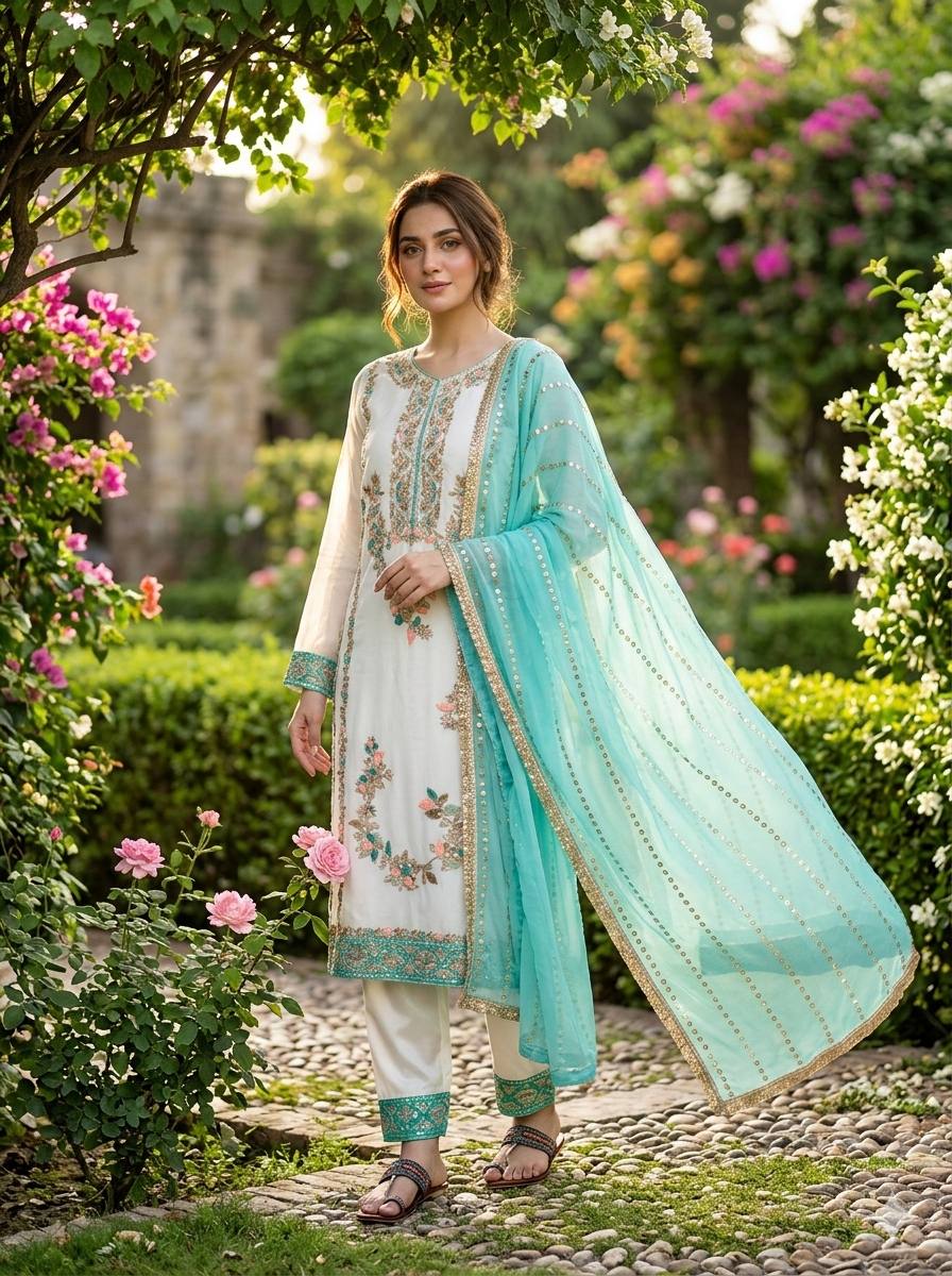 GMY Silk Sequin & Moti Embroidered Straight Pant Suit — Festive Wear