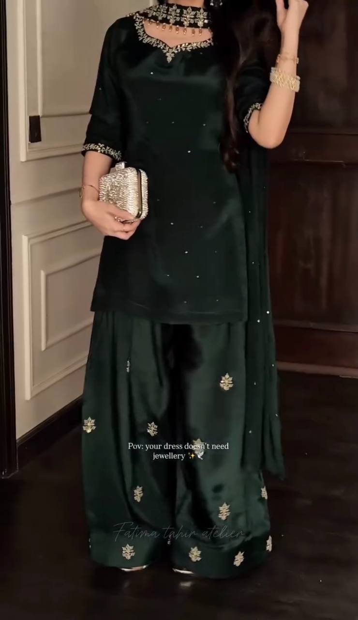 Designer Natural Crepe Silk Diamond Hand Work & Sequin Embroidered Top Farshi Salwar & Organza Dupatta Set