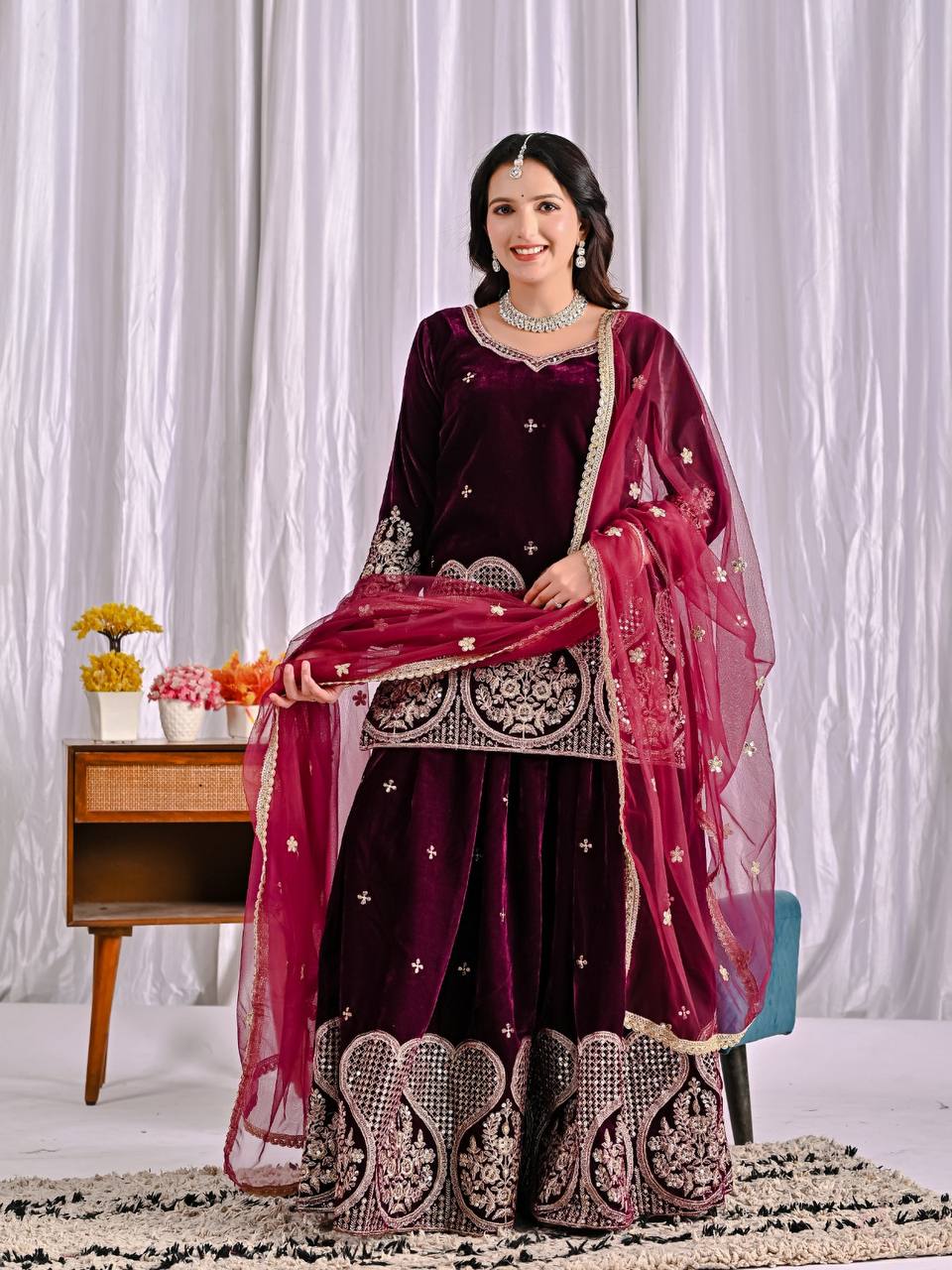Designer Party Wear Top, Sharara Palazzo & Dupatta in Pure Heavy Viscous Velvet with Multi Needle Sequence