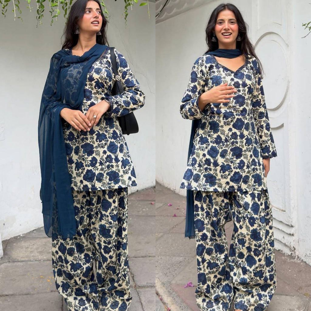 Designer Party Wear Cameric Cotton Top with Farshi Pant and Georgette Dupatta | MF-538