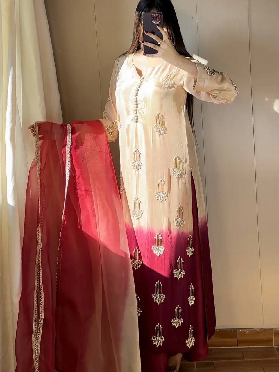 Designer Heavy Chinon Silk Real Bead & Moti Hand Work Sequin Top Palazzo & Chiffon Dupatta Set
