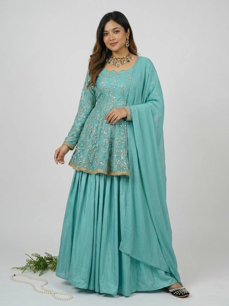 Designer Fancy Silk 5mm Sequin Embroidered Kediyu Top & Lehenga with Faux Georgette Dupatta