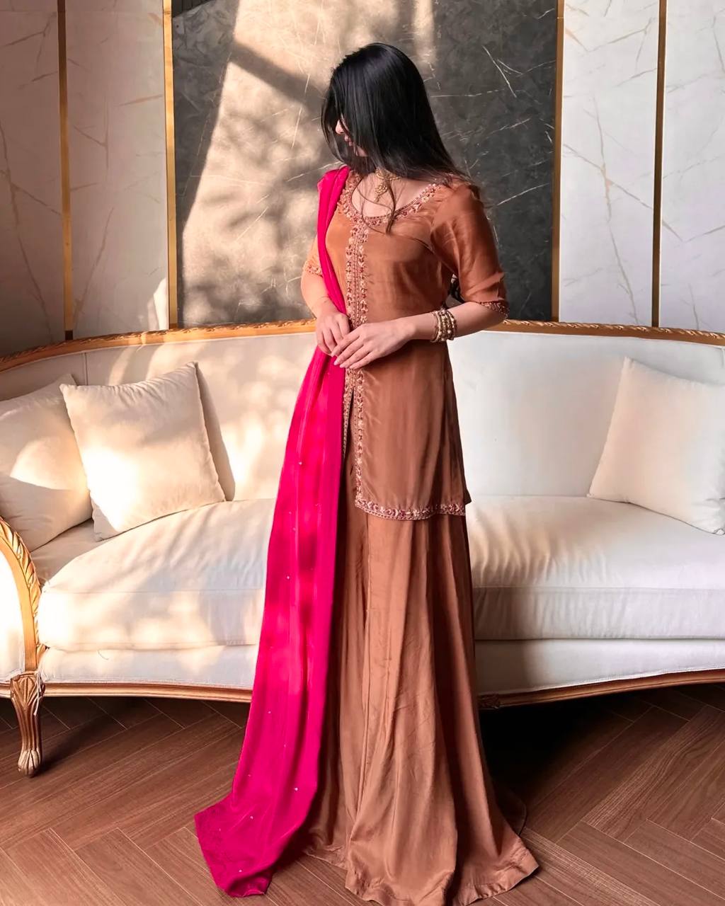 Designer Natural Crepe Silk Multi Needle Sequin Top Kali Cut Flair Palazzo & Stone Work Dupatta Set