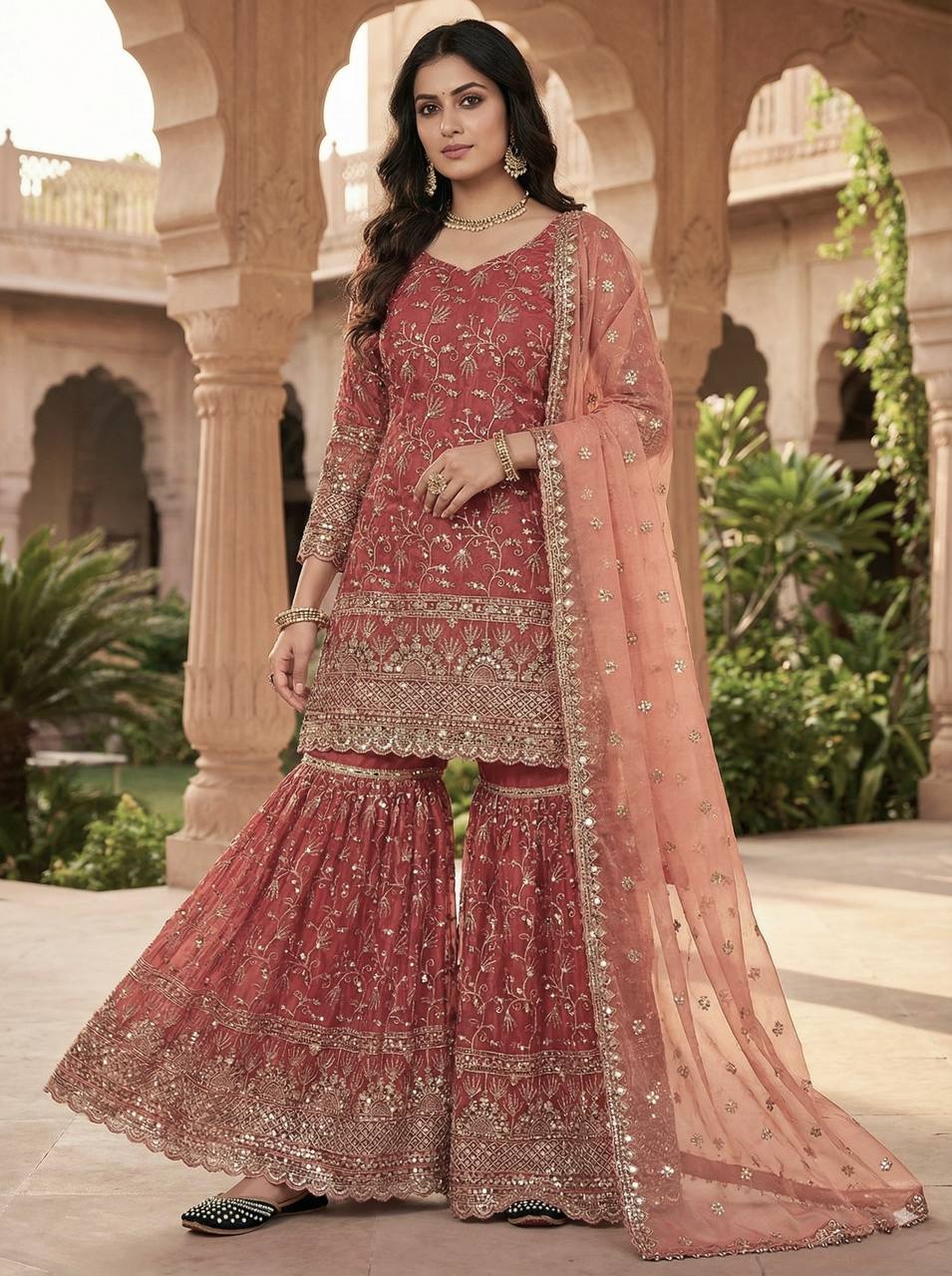 Designer Fancy Crushi Silk Sequin Embroidered Top Sharara Palazzo & Dupatta Set