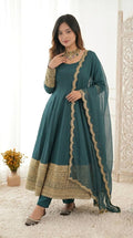 Designer Natural Crepe Sequin & Cording Embroidered Anarkali Suit with Pant & Organza Dupatta
