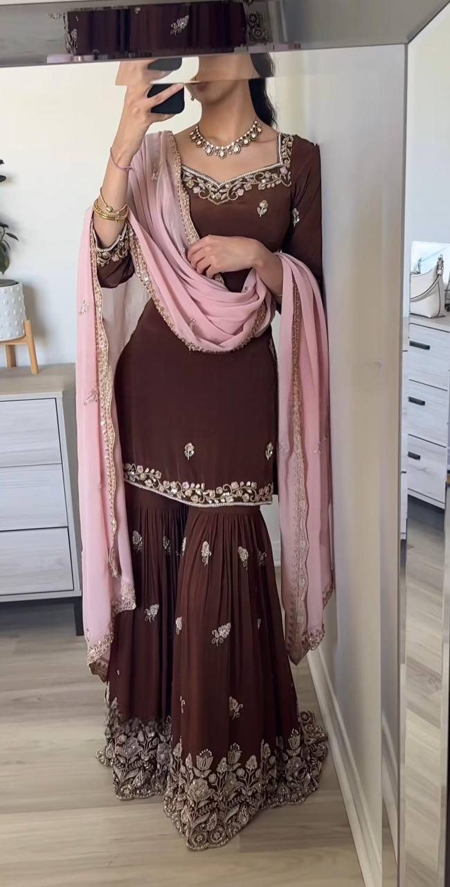Ash Brown Georgette Sequin Embroidered Sharara Suit - Party Wear - front view | Zahra London