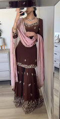 Ash Brown Georgette Sequin Embroidered Sharara Suit - Party Wear - front view | Zahra London