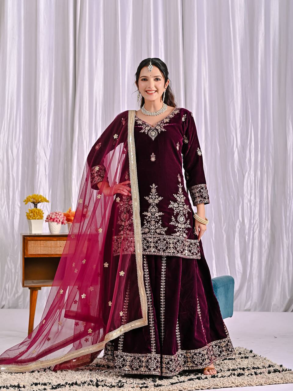 Designer Party Wear Top, Sharara Palazzo & Dupatta in Pure Heavy Viscous Velvet with Multi Needle Sequence