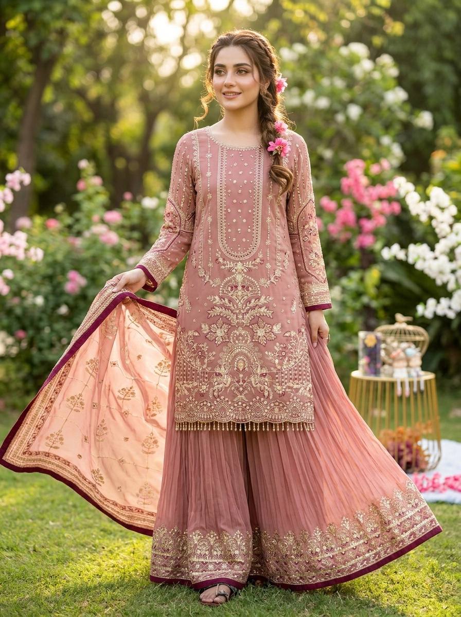 Georgette Sequin & Moti Embroidered Palazzo Suit — Multi Colour Festive Wear