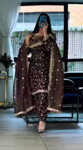 Designer Frendy Silk Sequin Embroidered Top Farshi Salwar & Dupatta Set