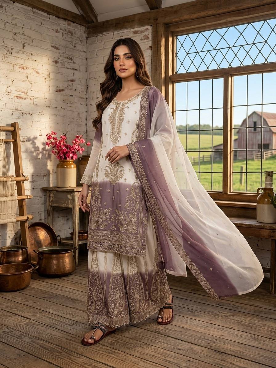 Designer Dual Tone Star Georgette Top Palazzo & Dupatta Set
