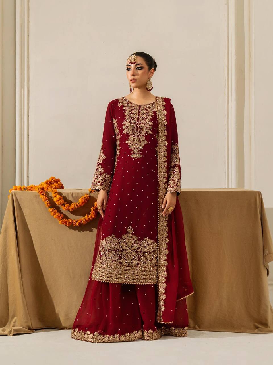 Maroon Georgette Coding Sequence Salwar Suit with Moti Work